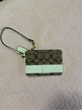 Coach Brown Signature Canvas Wristlet with White Leather Trim